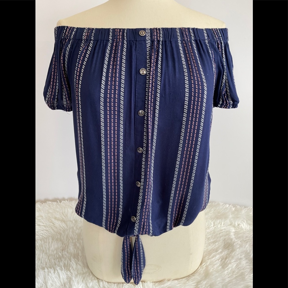 Twine & String Blue & White Stripe Tie Front Top M